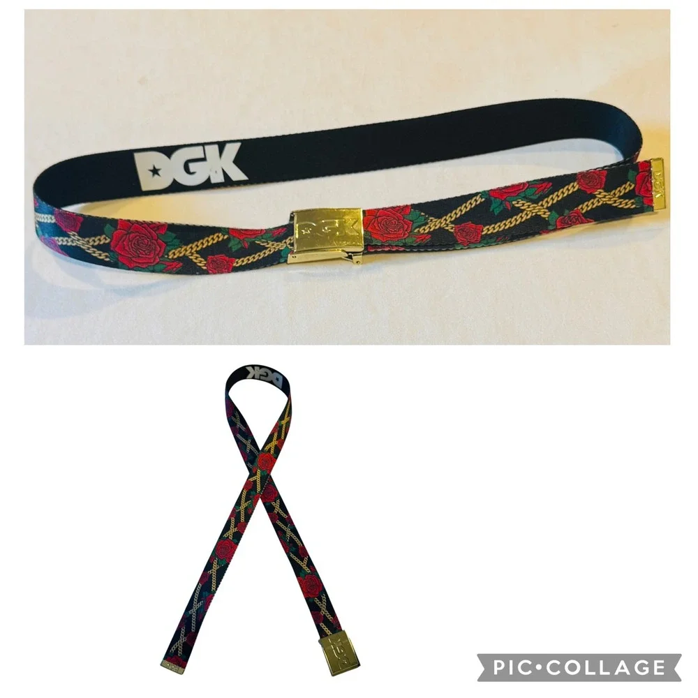 DGK Mens Web Belt Black Red Rose Gold Chain Link Flip Top Buckle Skateboard 49